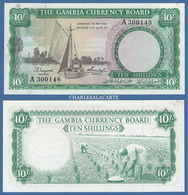 1965  GAMBIA  10 SHILLINGS  P. 1a  BOAT & RICE PLANTANTION  SMALL MARKS ABOVE 10/- VERY FINE CONDITION - Gambia