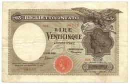 25 LIRE BIGLIETTO DI STATO AQUILA CON BANDIERA SABAUDA 27/09/1923 BB - Andere