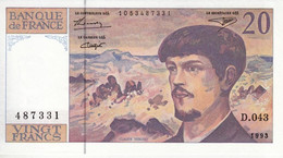 20 FRANCS DEBUSSY - TYPE 1980 A FIL - D.043 N° 487331 ANNÉE 1993 NEUF - VOIR SCAN - 20 F 1980-1997 ''Debussy''