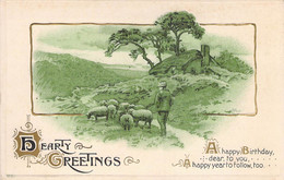 CPA - HEARTY GREETINGS - Homme Et Ses Moutons Dans La Prairie - - Anniversaire