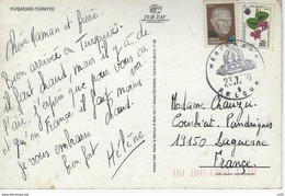TURQUIE - CARTE De TURQUIE Vers La FRANCE Avec 2 Timbres Dont Atatürk Surchargé Et Cachet MERYEMANA SELCUK - TURKEY - Lettres & Documents