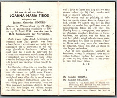 Bidprentje Wilmarsdonk - Tibos Joanna Maria (1876-1954) - Imágenes Religiosas