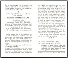 Bidprentje Wilmarsdonk - Timmermans Isabella (1903-1961) - Imágenes Religiosas