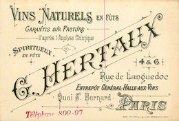 Paris 5ème * Vins Naturels En Fûts & Spiritueux G. HERTAUX Rue De Languedoc & Quai St Bernard * Carte De Visite Ancienne - Arrondissement: 05