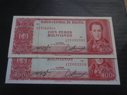 BOLIVIA , P 164A , 100 Pesos, L. 1962  (1983) , UNC, 10 Consecutive Notes - Bolivie