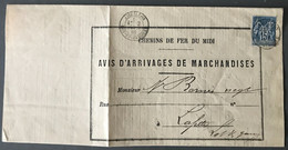 France N°90 Sur Document Des CHEMINS DE FER DU MIDI, TAD Aiguillon 2.2.1882 - (B1857) - 1877-1920: Semi Modern Period