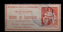 Timbres Téléphone Et Télégraphe , N° 5  1f Rouge Sur Azuré Oblitéré - Télégraphes Et Téléphones
