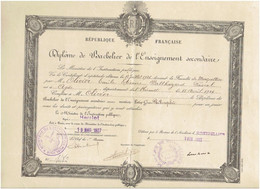 DIPLOME DE BACHELIER DE L ENSEIGNEMENT SECONDAIRE 1927 POUR M. OLIVIER NE A AGDE EN 1906 ACADEMIE DE MONTPELLIER - Diploma's En Schoolrapporten