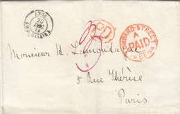 LAS. 1874. LONDON LOMBARD'S POUR PARIS. PD. ENTREE. ANGL. AMB.CALAIS A. TAXE 3 PLUME ROUGE. PARIS ROUTE 3 . 11 - Marques D'entrées