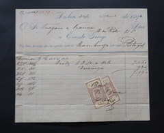 Portugal Facture 1894 Timbre Fiscal Déchargement Bateau à Vapeur Portugal Invoice Unloading Steamboat Revenue Stamp - Covers & Documents