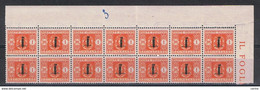 R.S.I.:  1944  TASSE  - £. 1  ARANCIO  BL. 14  N. -  DENTELLATURA  APERTA  IN  ALTO  A  DX. -   SASS. 68 - Segnatasse