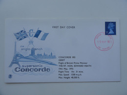 PLI CONCORDE TEMOIN DU VOL CONCORDE 002 TRANSPORTANT LE PREMIER MINISTRE BRITANNIQUE LE 19/05/72 OBLITERE FAIRFORD - Concorde