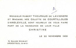 CARTE DE VISITE  Hubert Thouraud De Lavigniere Et Colette De Courtilloles Naissance De Christine Argenteuil - Cartes De Visite