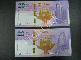 Macao Set 2 PCS, 20 Patacas, 2019, Macau 20th COMM.,UNC, BNU & BOC Number Random - Macau