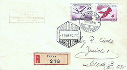 Liechtenstein 1940: Swissair-Erstflug Locarno > Barcelona R-Brief Ab VADUZ 30.III.40 Mit Flugmarke Zu F17+22 Mi 173+178 - Air Post