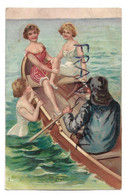 CPA Gaufrée. 3 Baigneuses Et Un Pêcheur à Pipe Dans Une Barque - Women