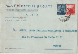 A109. Olbia. 1948. Cartolina Postale PUBBLICITARIA, Da Olbia A Torino. ... VETRERIE - PORCELLANE - CALZATURE ... - 1946-60: Marcophilie