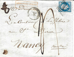 1857- Lettre De CHARLEVILLE ( Ardennes ) Cad T15 Aff.n°14 Oblat Pc 749 + TAXE 4 D Plume + Affranchissement / Insuffisant - 1849-1876: Periodo Classico