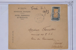 AZ11 AOF TOGO   BELLE LETTRE  1923  PETIT BUREAU  LOMé A VANNES    FRANCE++SURCHARGE + + AFFRANCH. INTERESSANT - Brieven En Documenten