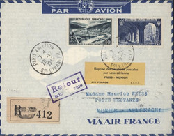 Aviation Recommandé Vignette Reprise Des Relations Postales Par Voie Aérienne Paris Munich Air France A.P.F.C - 1927-1959 Briefe & Dokumente