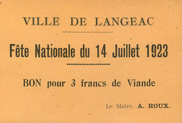 43 - LANGEAC - FÊTE NATIONAL Du 14 JUILLET 1923 - CARTE  BON CADEAU Du MAIRE; A. ROUX - (8 X 11 Cm) TRES BON ETAT - Langeac