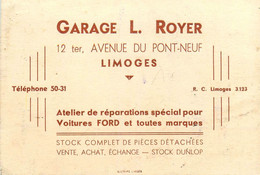 Limoges * Garage Automobiles L. ROYER 12ter Avenue Du Pont Neuf * Voitures FORD * Carte De Visite Ancienne - Limoges