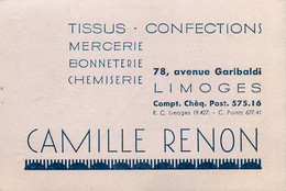 Limoges * Tissus Confections Mercerie Bonneterie Chemiserie Camille RENON 78 Av Garibaldi * Carte De Visite Ancienne - Limoges