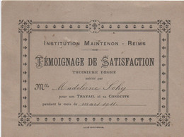 Témoignage  Scolaire De Satisfaction/ Institution Maintenon-Reims/Madeleine SOHY/ Année 1911    CAH335 - Diplomas Y Calificaciones Escolares