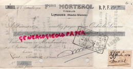 87- LIMOGES - TRAITE COMMERCE  FRANCOIS MORTEROL- FABRIQUE TISSUS- MME HOSPITAL SAINT LEONARD-1924- BANQUE TARNEAUD - Kleding & Textiel