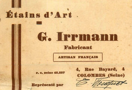 Colombes * Etains D'Art G. IRRMANN Fabricant 4 Rue Bayard * Carte De Visite Ancienne - Colombes