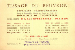 Paris 2ème * Tissage Du Beuvron Fabricant Transformateur 160 Rue Montmartre * Carte De Visite Ancienne - Distretto: 02