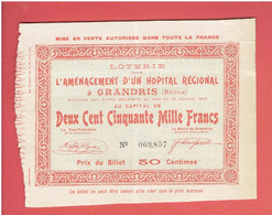 BILLET DE LOTERIE POUR AMENAGEMENT D UN HOPITAL REGIONAL A GRANDRIS RHONE 1907 SIGNATURE DU MAIRE DE GRANDRIS - Biglietti Della Lotteria