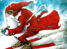 Santa Claus , Père Noël * 2 CPM Illustrateur DENIEL * Joyeux NOEL * Ski Skieur Peinture Peintre - Kerstman