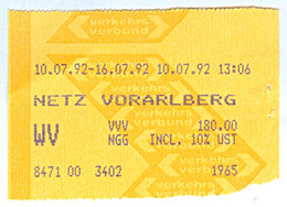 Eisenbahn Fahrkarte Netz Vorarlberg 10. 7. 1992 Österreich Verkehrsverbund Ticket - Europe
