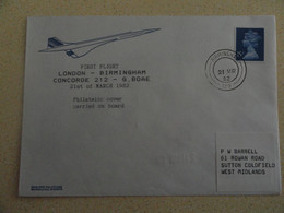 PLI CONCORDE TRANSPORTE A BORD DU VOL CHARTERLONDRES/BIRMINGHAM DU 21/03/82 TIRAGE 100 PLIS - Concorde