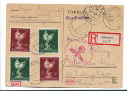 III-394/ DRITTES REICH - Einschreibekarte Lörrach-Schweiz 1944, Mehrfach Zensiert M. 2 Sätzen Goldschmiedekunst - Cartas