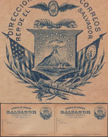 El Salvador Vers 1895. Entier Réponse. Roue Ailée, Corne D'abondance, Carquois & Flèches, Volcan El Boqueron, Drapeaux - Volcanes