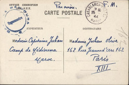 CP FM Carte Postale Franchise Militaire Office Chérifien Des P.T.T. Cachet Base De Mediouna Casablanca Maroc 26 11 44 - Locals & Carriers