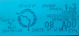 Billet Abonnement - France - RATP - Billet Hebdomadaire 2ème Classe Zones 1 à 3 Août 1994 - Autres & Non Classés