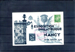 France. Carte Postale. Exposition Philatélique De Nancy. 23-26 Juillet 1942 - Brieven En Documenten