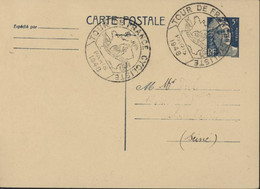 Carte Postale Entier Marianne Gandon 5F Bleu Storch G1 Cachet Illustré Tour De France Cycliste Paris 30 JUIN 1948 - Standaardpostkaarten En TSC (Voor 1995)