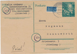 Ganzsache 13b Buttenwiesen 1949 > Donauwörth Notopfer Steuermarke Berlin - Postkarten - Gebraucht