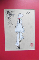 Peinture Sur Papier De Riz Signée Jeune Fille En Costume Traditionnel Ao-dai Blanc Et Chapeau Pointu à Vélo Vietnam - Aquarelles