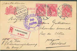 Smokkel Pays-Bas - E.P. Carte 5cts + Typ 5cts (x2) Obl. Dc 's Gravenhague En Recommandé Le 26-9-1916 Vers Verviers + Dc - Otros & Sin Clasificación