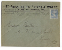 PARIS 50 St Denis Lettre Entête Sulzer Wolff 40c Semeuse Bleu Yv 237 Ob Meca Krag Poste Aérien Flamme Caviardée B050110 - Storia Postale