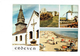 Cpm - 56 - Erdeven - église Mégalithes Moulin - 4641 Belles Edit - Menhir Plage Parasol Publicité LA MEUSE - Erdeven