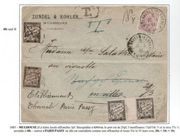 1885 Alsace-Lorraine - Pli Local De Mulhouse Affr.5pf Réexpédié à Epinal Taxé 40c, Renvoi à Paris Et Taxe 30c+10cx2 - 1859-1959 Storia Postale
