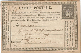 CTN80E- CPO MOD. FEVRIER 1877 SAGE 15c TYPE IIA NON OBLITERE (COTE NEUF SANS GOMME 240 EUR)  MARQUE RURALE - Precursor Cards