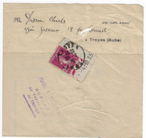 TROYES Aube Imprimé Contrôle Poids Et Mesure Tarif 12 7 1937  Yv 190 Lilas Rose Coin Daté 4 10 35 - Storia Postale