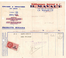 Facture * Pub Ets H.Mavaut à La Rochelle Epicerie & Droguerie En Gros  Avec Timbre  Fiscal à 2 Fr De 1943. - Lettres & Documents